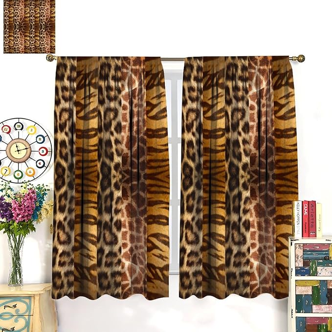 Leopard Print Blackout Curtain, Retro Wild Animal Skin Farmhouse Fur Leopard Print Drapes, Window Treatments Rod Pocket 2 Panels Curtains for Dining Room Office Living Room Deocr 55"W X 63"L