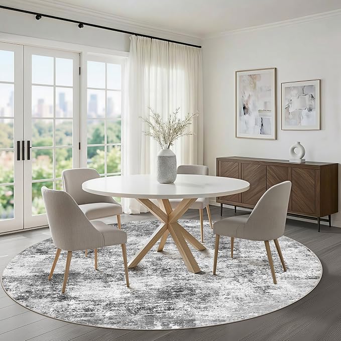 8ft Round Rug Living Room: 8x8 Washable Large Neutral Circle Area Rug Abstract Soft Modern Stain Resistant Indoor Floor Non-Slip Carpet for Bedroom Nursery Kids Office Playroom Dining Room- Black Gray