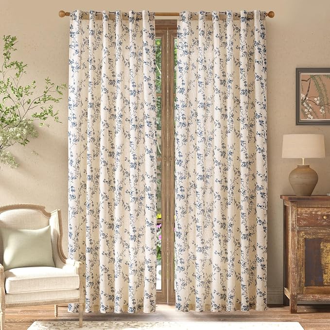 jinchan Blue Floral Linen Curtains 90 Inch French Country Back Tab 2 Panels | Flower patterned drapes, farmhouse, printed, light filtering, bedroom, living room, kitchen, window treatment, rod pocket