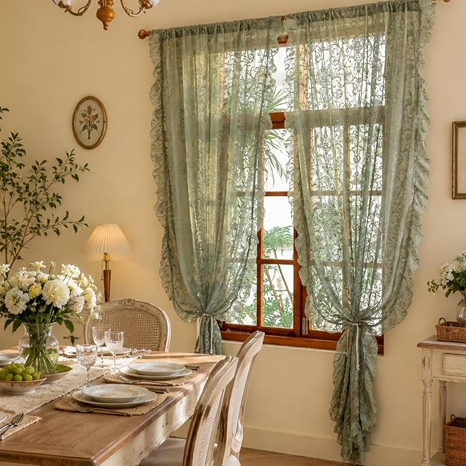 TUDECO Sage Green Lace Sheer Curtains 96 Inches Long 2 Panles | French Floral Pattern, Ruffle Edges,for Dining Room Living Room, Light Filering Privacy, Spring Summer Decor, 59 x 96 Inch