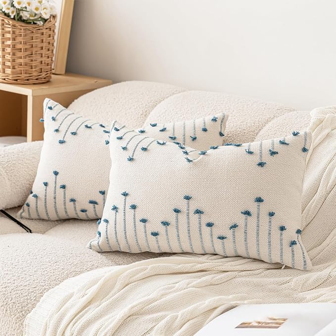 LILEPOY Boho Throw Pillow Covers 12x20 Set of 2 Neutral Decorative Textured Cushion Case Farmhouse Pillowcase Modern Lumbar Pillow Covers for Sofa,Couch, Living Room,Beige and Blue