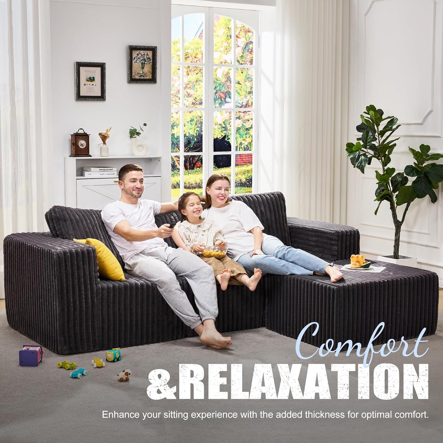 Hobestluk Modular Sectional Sofa Memory Foam Couch Oversized Sectional Sofa 3-Seater with Chaise Cloud Couch with Removable Cover L Shape Sofa for Living Room (Strip Grey, 3-Seater with Chaise)