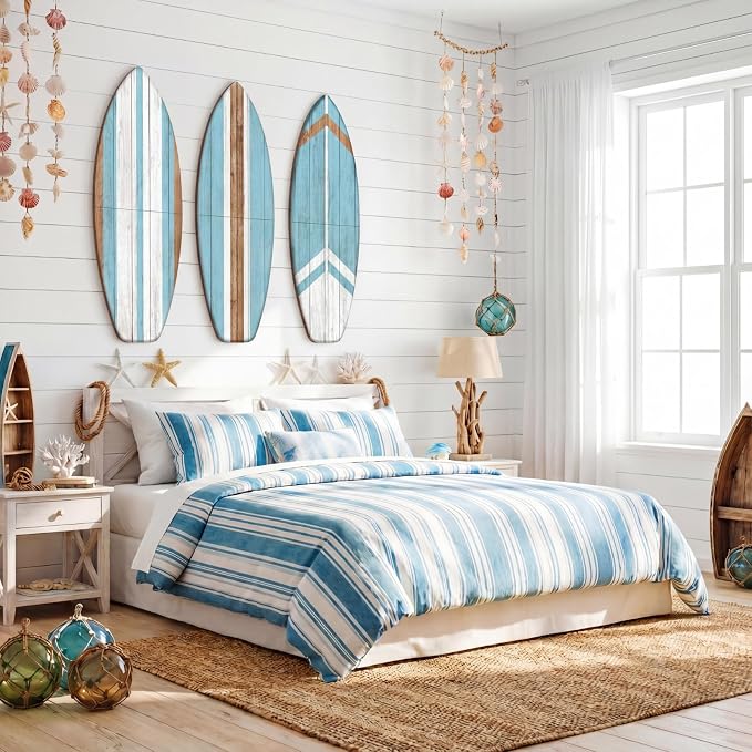 Yookeer 3 Pcs Surfboard Wall Decor,36" x 12" Large Wooden Coastal Beach Wall Decor Set, Aesthetic Cute Beachy Tropical Surf Board Art for Room Bedroom Decoration(Blue,Classic)