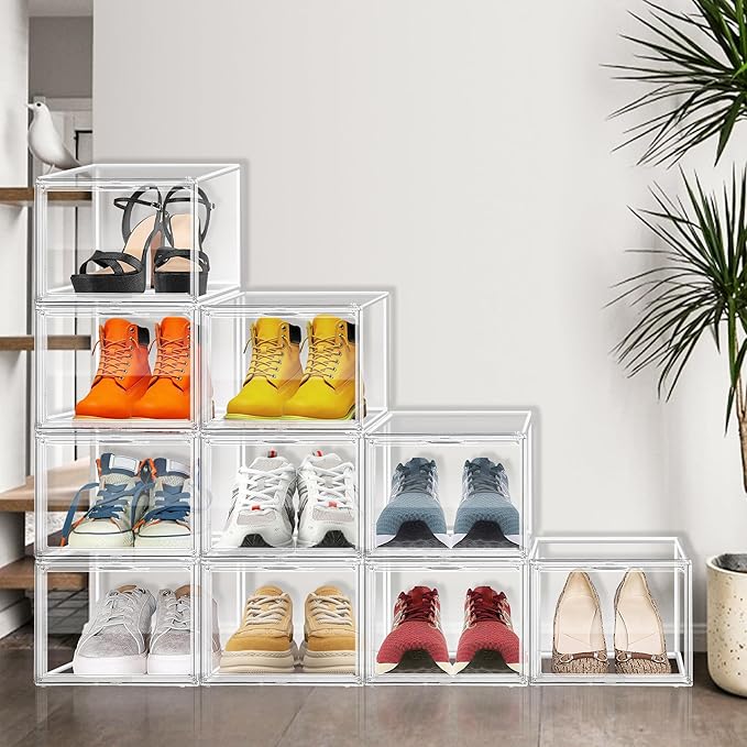 12 Pack Clear Acrylic Shoe Boxes Organizer, Extra-Thick Reinforced Stackable Shoe Storage with Magnetic Door, Dust-Proof Display Cases for Closet & Entryway, Fits up to Men’s 12, Crystal Clear
