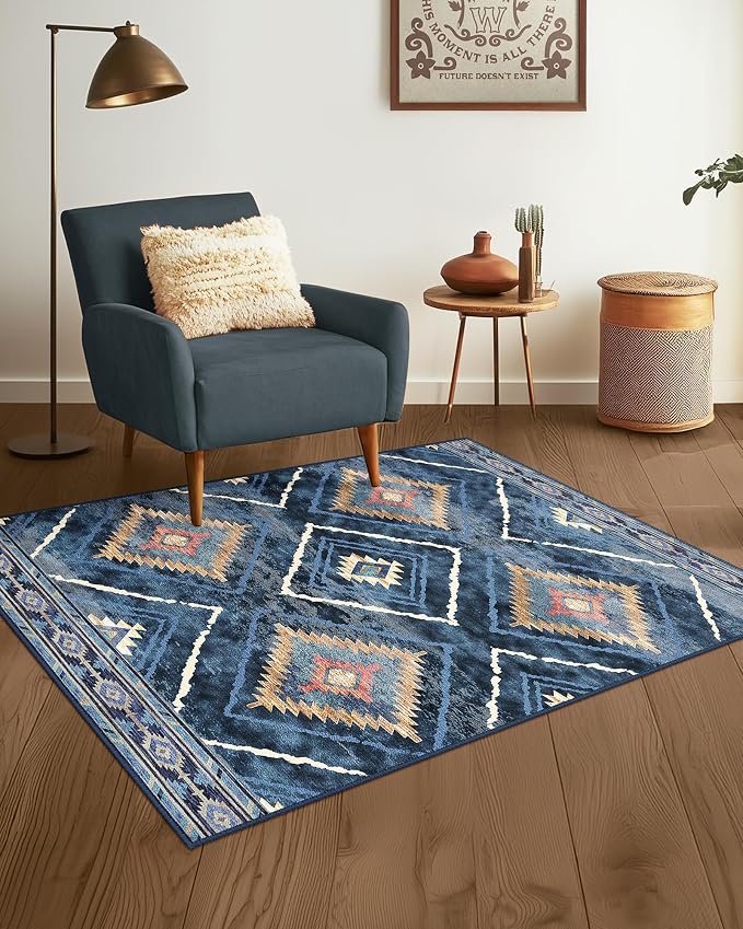 BESTSWEETIE Area Rug 3x5 Rug Machine Washable Non-Slip Low Pile Print Pattern Western Rug for Living Room Bedroom Entryway Tribal Series -Darkblue