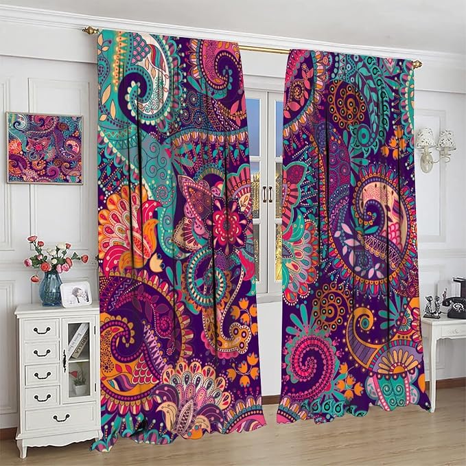 Vintage Bohemian Curtains, Indian Bohemian Mandala Colorful Pattern Blackout Thermal Curtains, Bedroom Living Room Curtains, 2 Panel Set, 42x54 in.