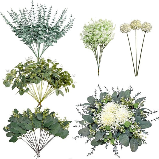 103 Pcs Mixed Artificial Eucalyptus Stems with Baby's Breath, 5 Kinds Faux Greenery Stems Bulk for Wedding DIY Bouquets, Realistic Silk Silver Dollar Eucalyptus Leaves for Vase, Home & Party Decor