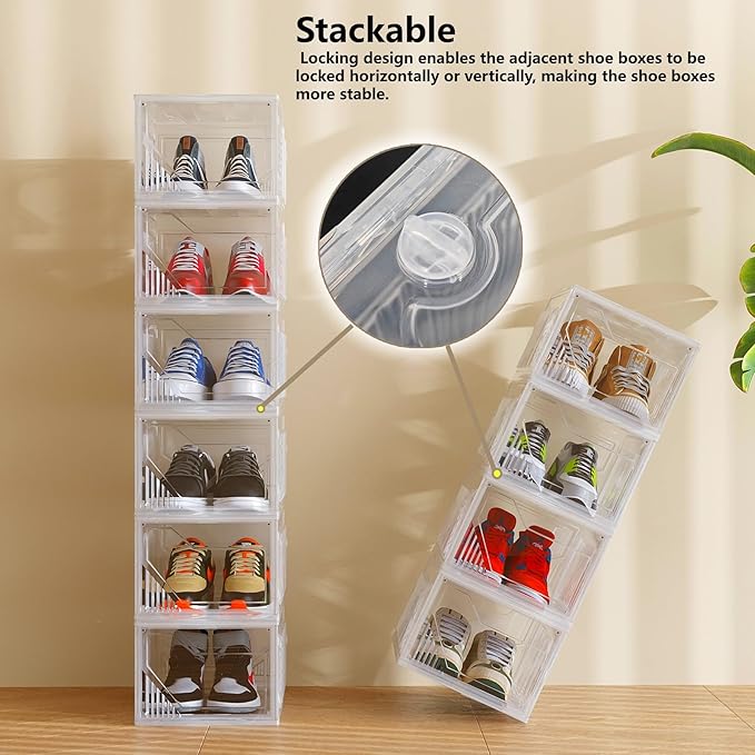 AWTATOS Shoe Storage Boxes, Thickened Shoe Storage Organizer with Clear Magnetic Door, Stackable Shoe Container with Lids, Collapsible Large Shoe Rack, Fit up to US Size 15, 6 Pack