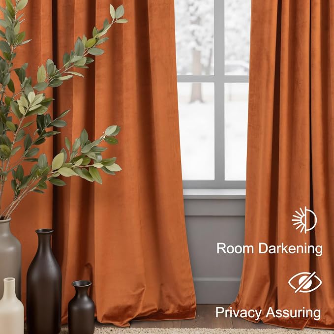 Burnt Orange Velvet Room Darkening Curtains 63 Inch Length 2 Panels for Bedroom Western Fall Decor Heavy Retro Short Drapes Luxury Living Room Curtains for Dining Kitchen Laundry Terracotta Rust 52x63