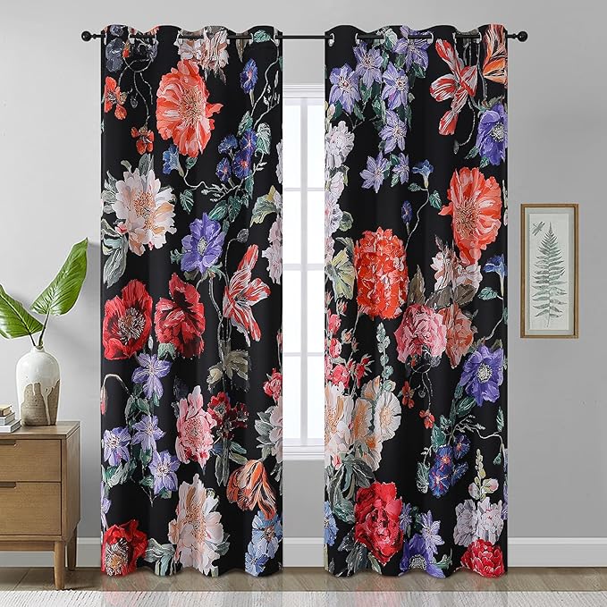 Estelar Textiler Blackout Boho Floral Curtains 96 inch Length 2 Panels Set，Rustic Vintage Flowers Print Patterned Black Out Curtains Thermal Insulated Window Drapes for Bedroom/Living Room,52Wx96L