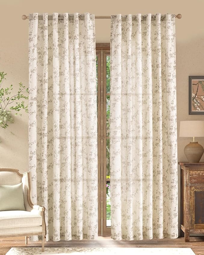 jinchan Taupe Floral Linen Curtains 84 Inch Farmhouse Back Tab 2 Panels | Flower patterned drapes, french country, light filtering, semi sheer, printed, bedroom, living room, office, window treatment