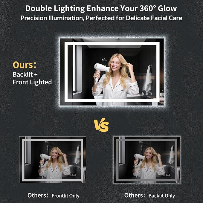 50"x24" LED Bathroom Mirror with Lights for Vanity, Anti-Fog & Dimmable 3-Color, Stepless Brightness Adjustable Wall Mounted Mirror for Bathroom Makeup Shaving