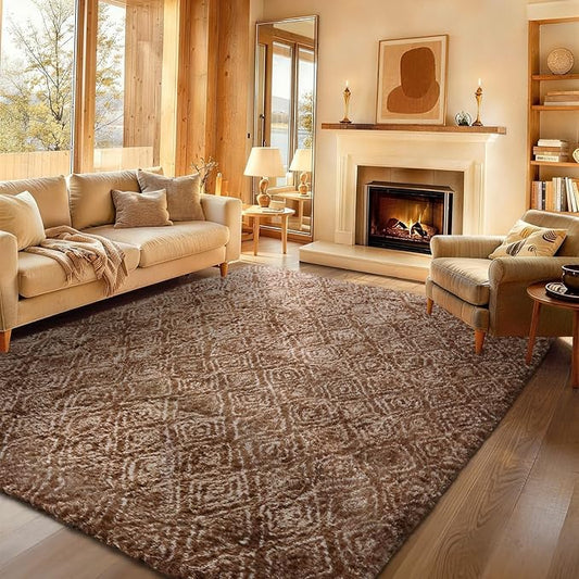 Ophanie 8x10 Brown and White Diamond Striped Rugs for Living Room,Large Fluffy Shag Fuzzy Plush Soft Carpets,Shaggy Rug for Bedroom,Carpet for Kids Boys Girls Dorm Decor with Over 99 pcs Pile fibers