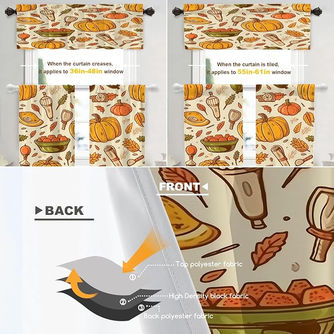 Shrahala Thanksgiving Seamless Pattern Blackout Curtain Tiers, Pumpkin Apple Pear Leaves Kitchen Valance Light Blocking Tier Drapes with Rod Pocket, 2 Pack 26 X 36 in