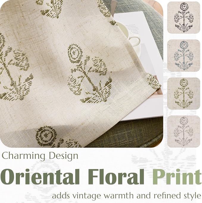 jinchan Linen Kitchen Curtains 36 Inch Floral Tier Curtains Farmhouse Cottage Core Flax Cafe Rod Pocket Country Small Window Drapes for Laundry Room Bathroom RV 2 Panels Sage Green on Beige