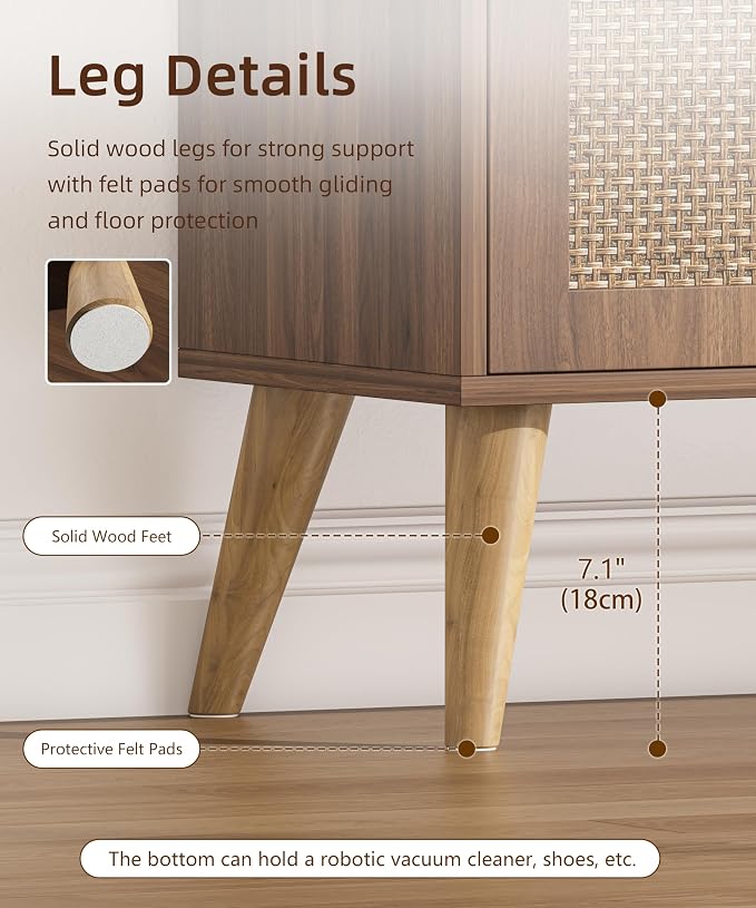 Keehusux Rattan Storage Cabinet with Drawer and 2 Doors, Accent Sideboard Buffet Cabinet with Adjustable Shelf, Solid Wood Feet, Coffee Bar for Kitchen, Living Room, Entryway, Walnut