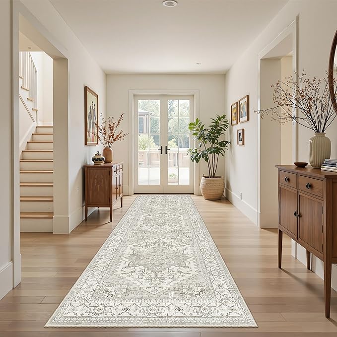 Washable 2x8 Runner Rug Vintage Area Rugs for Hallway Water Resistant Kitchen Entryway Rug Ultra Soft Living Room Bedroom Carpet Indoor Low Pile Floor Mat for Bathroom Dining Room(2x8,Beige)