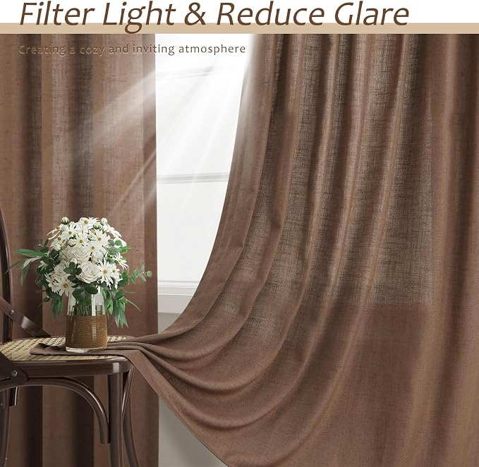 Caramel Brown Semi Sheer Curtains 96 Inches Length for Living Room Linen Texture Wave Fabric Vertical Window Shades with Rod Pocket Back Tab for Bedroom Balcony Light Filtering Home Decor 52x96