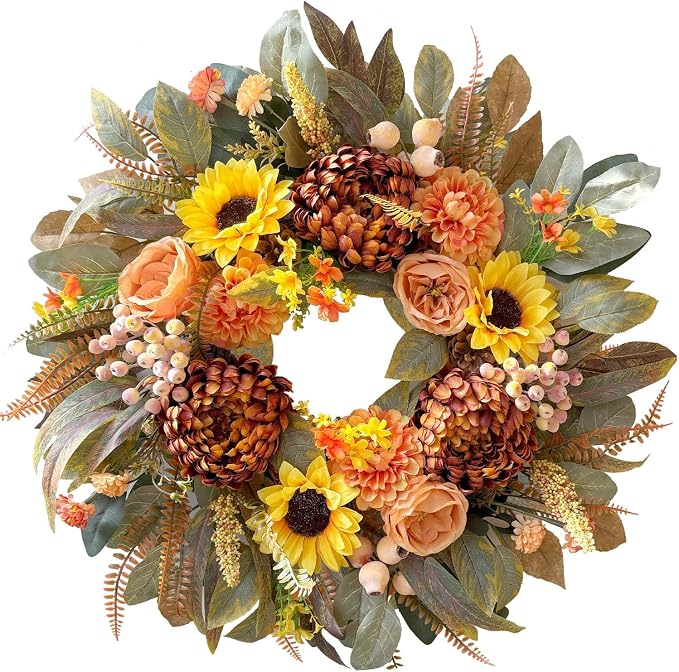 WANNA-CUL 24 Inch Sunflower Fall Front Door Wreath Farmhouse Harvest Decor | Autumn Wreath with Roses Dahlias Pinecones Berries Indoor Outdoor Boho Wall Mantel Table Centerpiece Thanksgiving Decorations