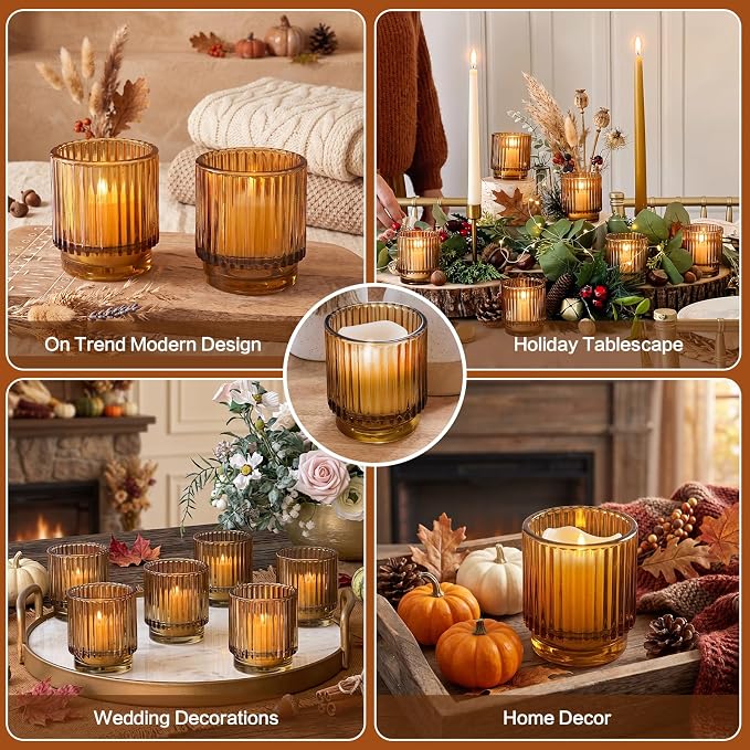 Kate Aspen Vintage Glass Tealight & Amber Votive Candle Holders (Set of 6) Rustic Fluted Candle Holder Set, Boho Home Decor, Wedding Table Centerpieces, Farmhouse Kitchen Table Decor