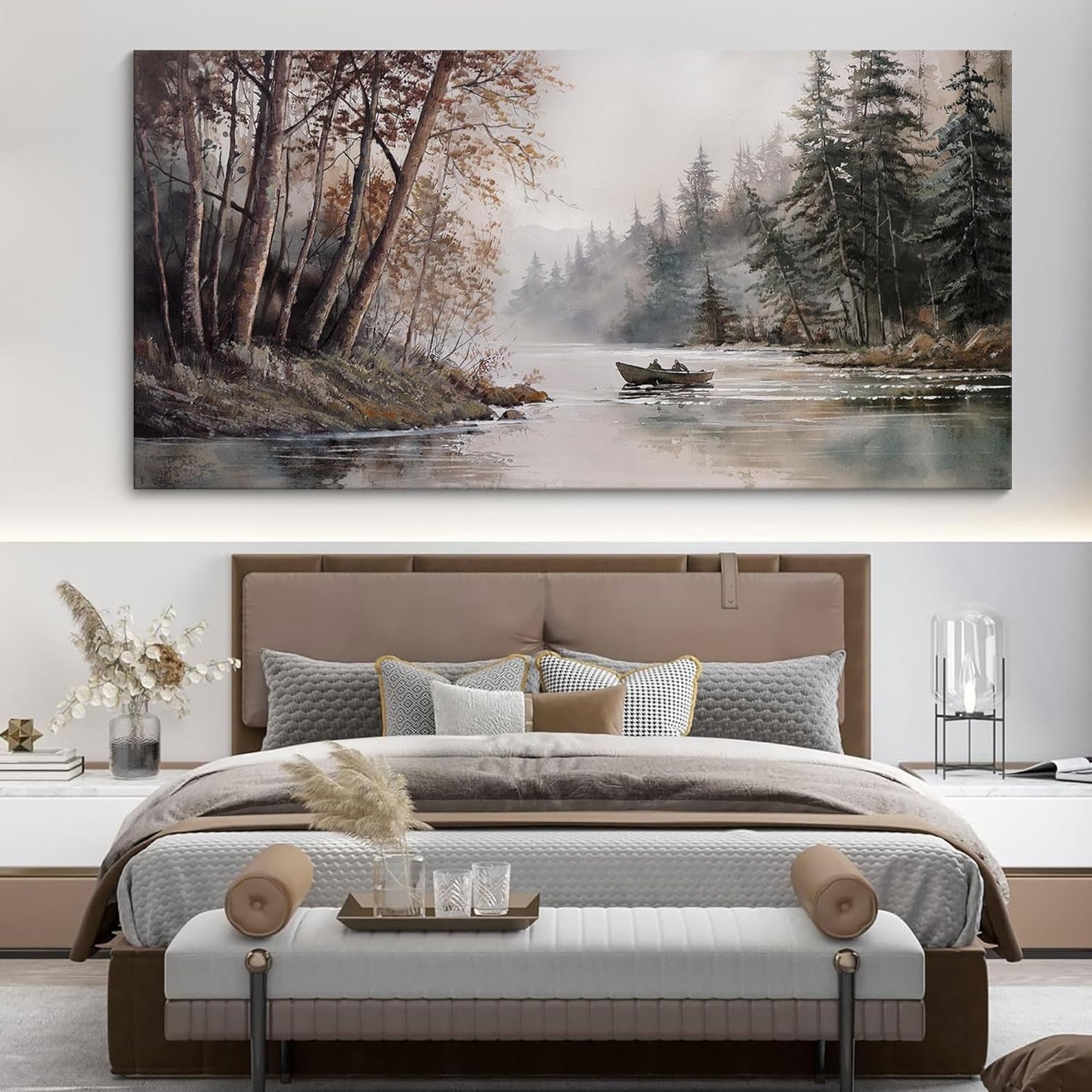 HGUAOA Mountain Canvas Wall Art Rustic Lake Landscape - Nature & Forest Scenery Paintings Pictures for Living Room & Bedroom Wall Decor Vintage Artwork for Walls
