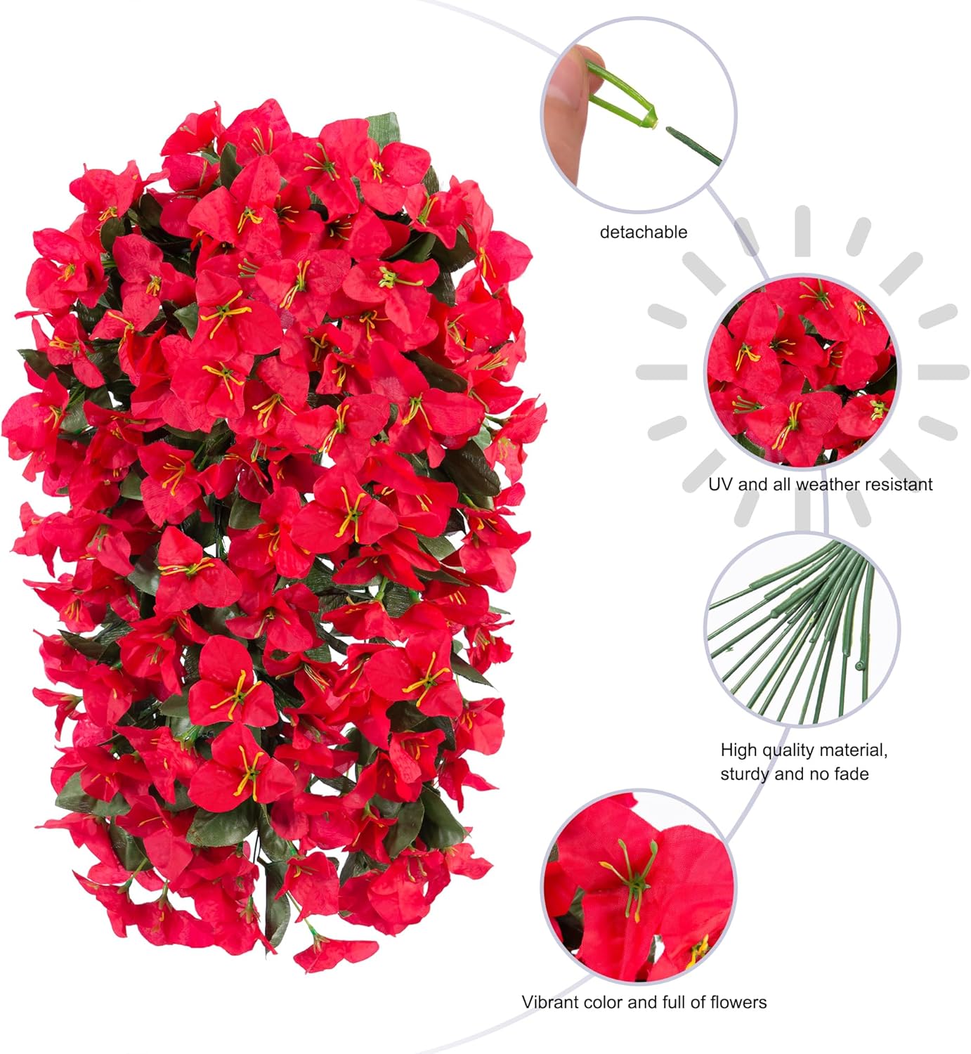 Faux Bougainvillea Artificial Flowers Plants for Outdoor Outside Decoration, 2 PCS Red Fake Flowers UV Resistant Look Real Silk Long Trailing Vines for Front Door Porch Planter Urn Patio Garden Yard