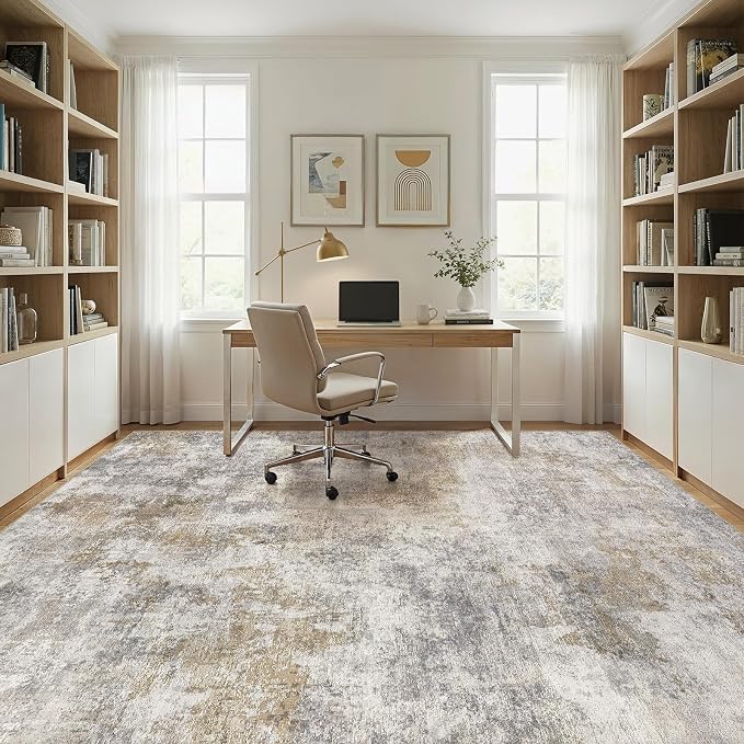 WITSHOCK Area Rugs 5x7 Living Room Rug - Washable Neutral Soft Low Pile Non-Slip Modern Abstract Thin Large Indoor Carpet for Bedroom Dining Room Nursery Office - Light Brown Grey