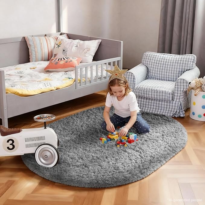 Ophanie 3x5 Oval Rug, Bedside Preppy Dorm Area Rug, College Essentials Non Slip Grey Small Carpets for Bedroom, Anti Slip Fluffy Gray Living Room Rugs Decor, Nursery with Over 99 pcs Pile fibers