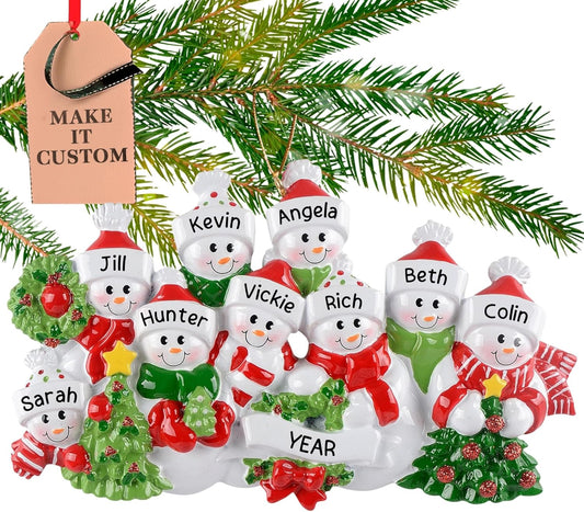 Personalized Large Family of 9 Ornament 2025 | Free 24h Customization | Laser Engraved Snowman Christmas Ornaments for Tree | Custom Gift Wrapped Festive Holiday Keepsake for Nine Persons