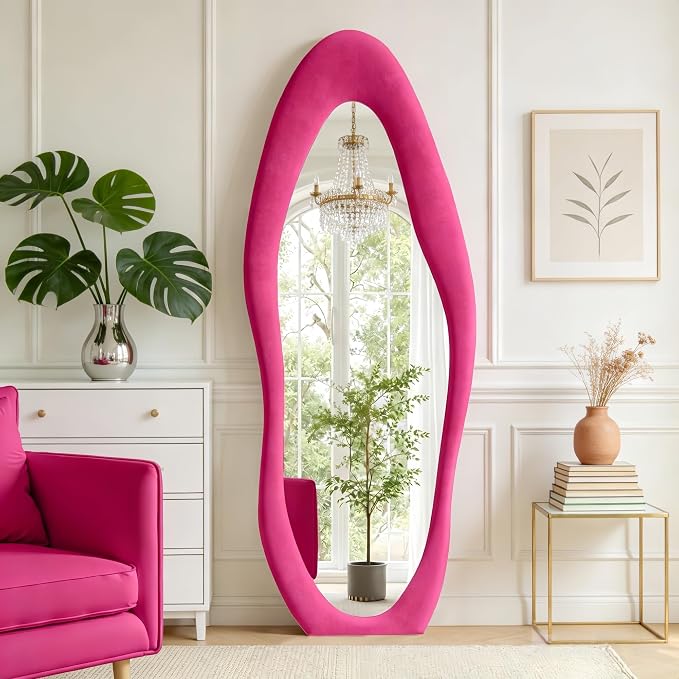 Dewfig Full Length Mirror, 63" x 24"Irregular Mirror, Large Floor Length Mirrors Wall Mounted, Standing Mirrors with Flannel Wrapped Wooden Frame for Bedroom/Living Room, Hot Pink