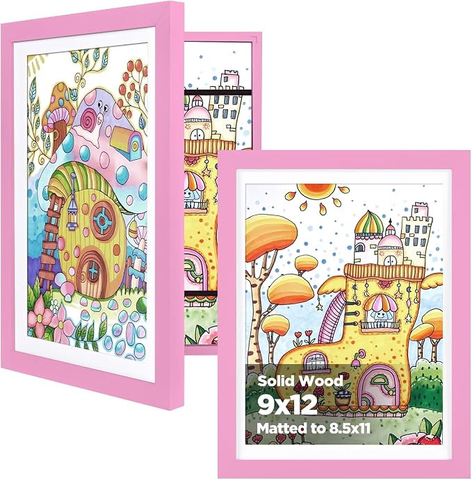 KINLINK 9x12 Kids Art Frame 2 Pack, Solid Wood Artwork Frames Changeable, Front Opening Hold 150 Pictures, Art Frames for Kids Artwork, 8.5x11 with Mat 9x12 without Mat, Picture Frames Light Pink