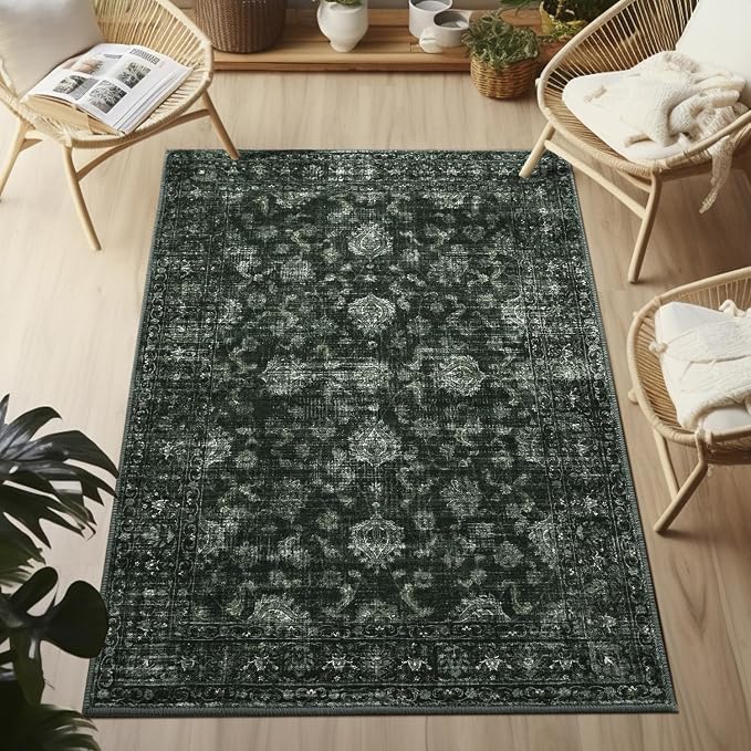 FROZZUR Boho Green Area Rug 3x5 Washable Vintage Rug for Bedroom Kitchen Dining Room, Non Slip Distressed Entryway Rugs for Home Office Decor Green