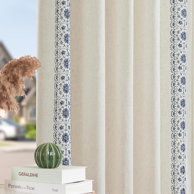 jinchan Weslie Boho Curtains for Bedroom Blue Vintage Floral Farmhouse Curtains 96 Inches Long Linen Drapes for Living Room Embroidered Light Filtering Drapes Rod Pocket Blue on Beige 2 Panels