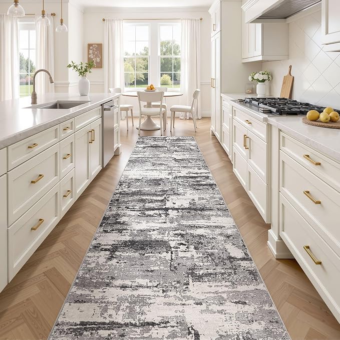 Area Rugs for Living Room: Abstract Washable Rug Modern Neutral Large Soft Stain Resistant Non-Slip Backing Machine Table for Bedroom Dining Room Indoor Home Office Carpet - 3x14 Black Grey