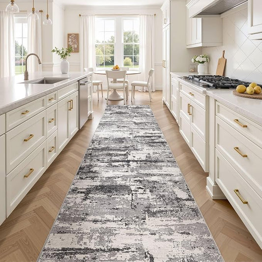 Area Rugs for Living Room: Abstract Washable Rug Modern Neutral Large Soft Stain Resistant Non-Slip Backing Machine Table for Bedroom Dining Room Indoor Home Office Carpet - 3x14 Black Grey