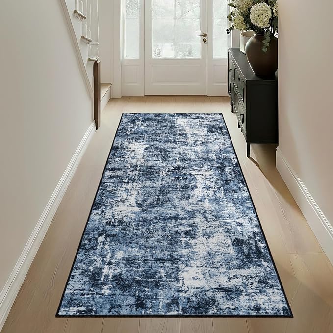 Rugflix 2x5 Runner Rug for Entryway, Kitchen Rugs Soft Non-Slip Washable Runners for Hallway, Abstract Small Carpet with Non-Slip Backing for Bedroom, Living Room, Navy Blue/Black