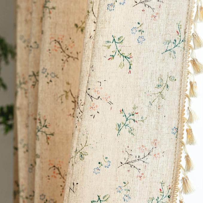 Sutuo Home Florals Boho Farmhouse Curtains, Semi-Blackout Drape Bohemian Window Treatment Cotton Linen Panel with Tassels for Bedroom Living Room, Rod Pocket, 1 Panel 59" W x 84" L