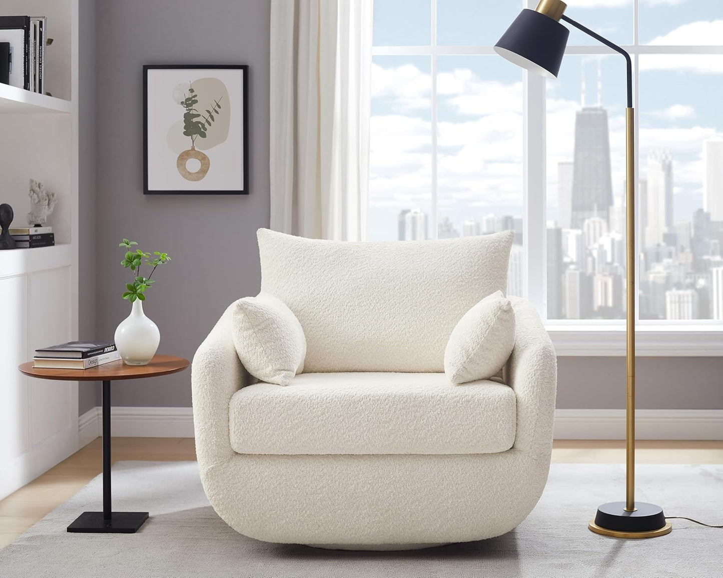 360° Swivel Accent Armchair, 39.3" Oversized, Sherpa Boucle Fabric Sofa Chair with Removable Back & Arm Pillows, Swivel Chair with Cozy Soft Padded, No Assembly Required (1, Cream White)