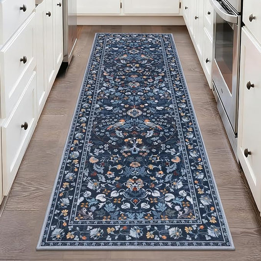 HEBE Washable Hallway Runner Rug 2'x 6' Non Slip Kitchen Rugs Runner,Low Pile Entryway Rug Laundry Room Mat Floral Carpet Runners for Hallways, Kitchen,Bathroom,Laundry,Bedside Rug