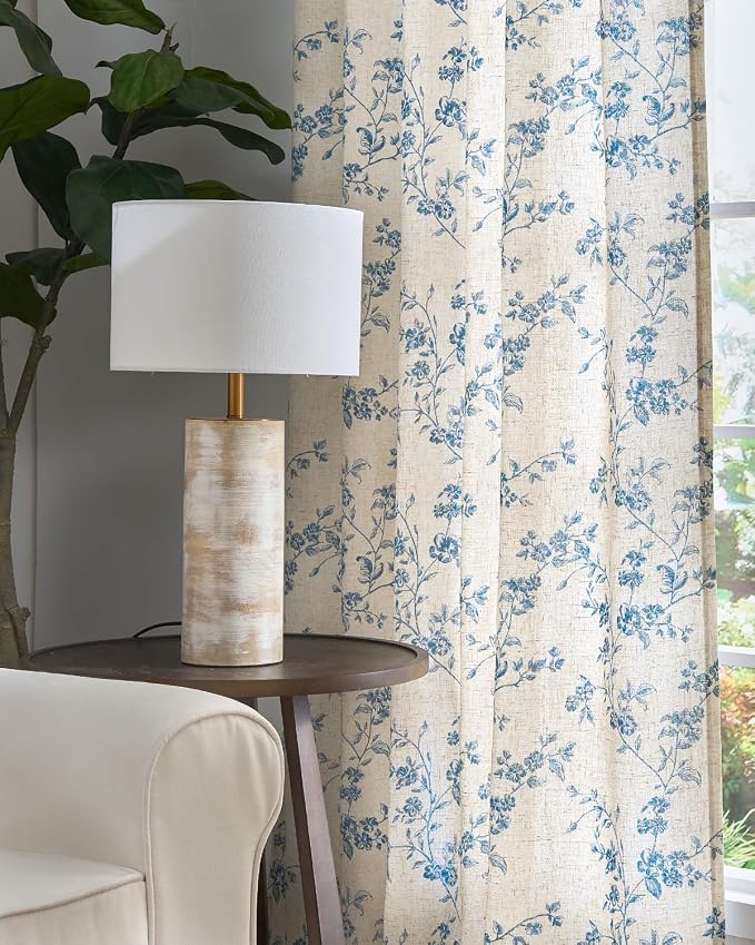 jinchan Blue Floral Linen Curtains 90 Inch French Country Back Tab 2 Panels | Flower patterned drapes, farmhouse, printed, light filtering, bedroom, living room, kitchen, window treatment, rod pocket