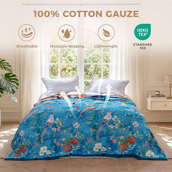 LUTBM Boho Throw Blanket for Couch Sofa Chair Cotton Spring Blankets for Bedroom Living Room All Season Lightweight Reversible Floral Birds Embroidery Throws 50"x60"