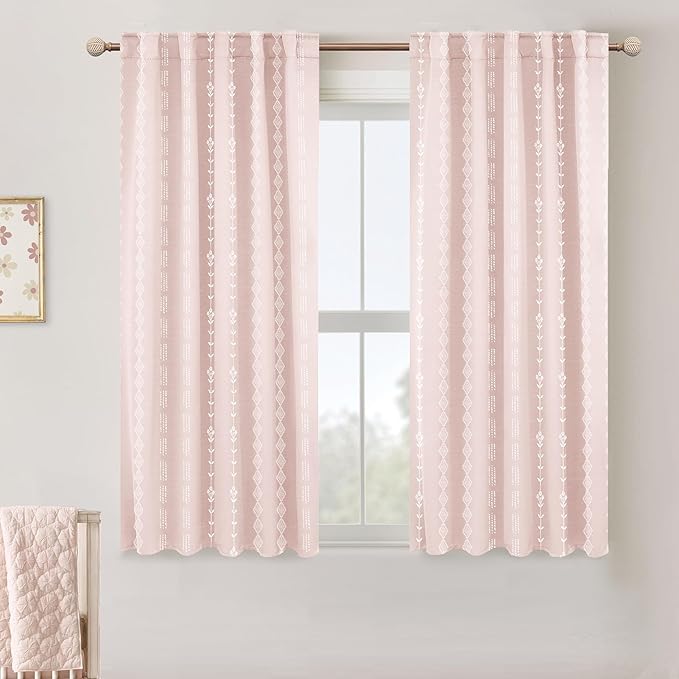 Lino Rosa Light Pink Striped Curtains for Girls Room, Semi Blackout Nursery Curtains Baby Girl, Short Boho Cute Curtains for Bedroom