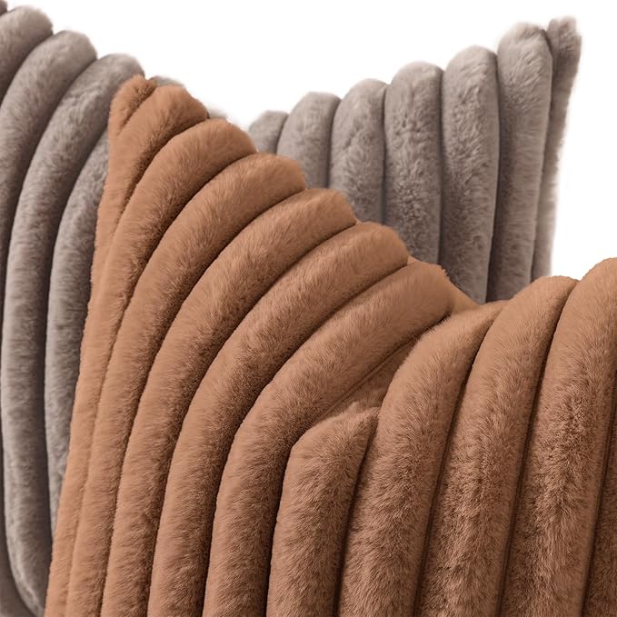 decorUhome Fall Cozy Faux Fur Throw Pillow Covers 18x18 Set of 2 Decorative Soft Plush Striped Modern Farmhouse Boho Couch Pillow Cases with Velvet Back for Sofa Bed Living Room, Brown