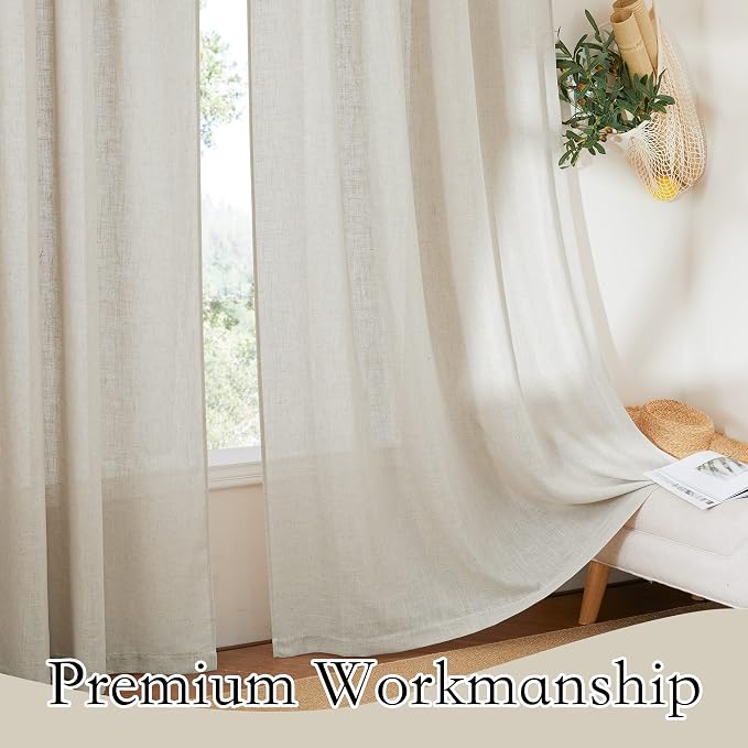 RYB HOME Sheer Curtains 63 inches - Solid Linen Texture Window Shades, Back Tab Hanging Light Airy Privacy Sheer for Bedroom Living Room Cafe, Angora, W 52 x L 63 Long, 1 Pair