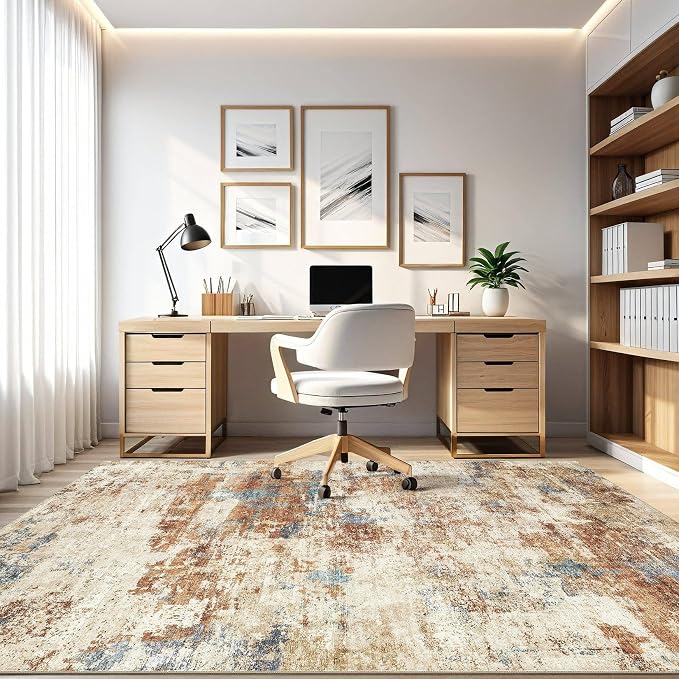 5x8 Area Rug Washable Rug: Large Abstract Modern Soft Stain Resistant Indoor Floor Non-Slip Accent Carpet for Living Room Bedroom Nursery Playroom Dining Room Office Dorm Home House- Blue Orange