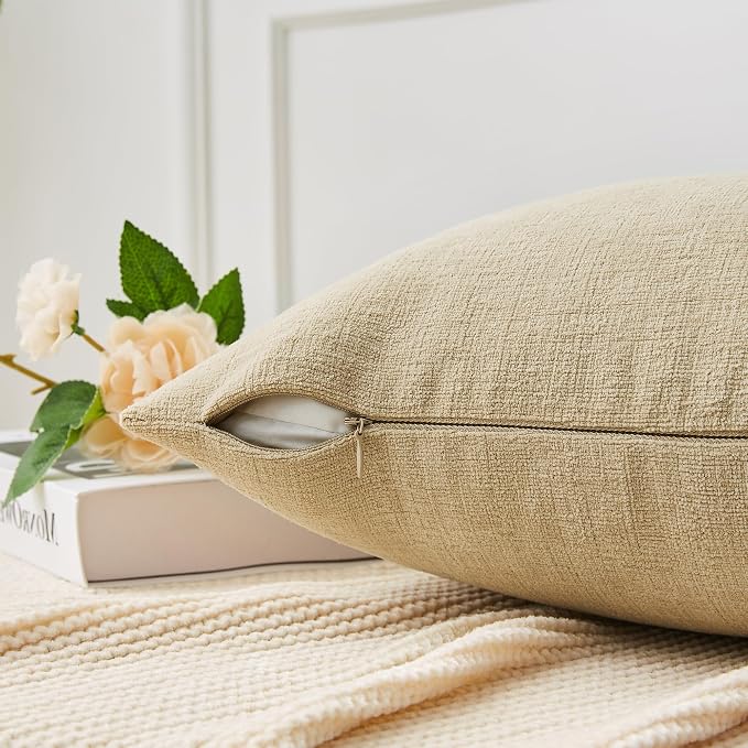GAWAMAY Decorative Chenille Throw Pillow Covers 26x26 Inch Pack of 2, Soft Square Couch Pillow Cover for Sofa Cushion Living Room Bedroom Solid Dyed Oversized Pillowcases Khaki 66x66cm (ONLY Covers)
