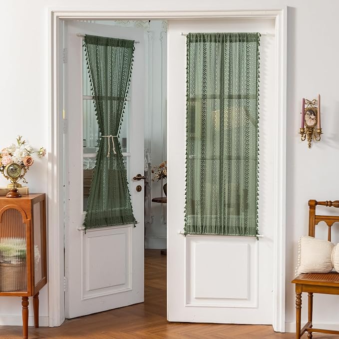 Sutuo Home Olive Green French Door Curtains for Front Glass Door & Sidelights, Semi Sheer Farmhouse Bohemian Rustic Tassels Vintage Privacy Christmas Festival Decor, Rod Pocket 2 Panels 25" W x 72" L