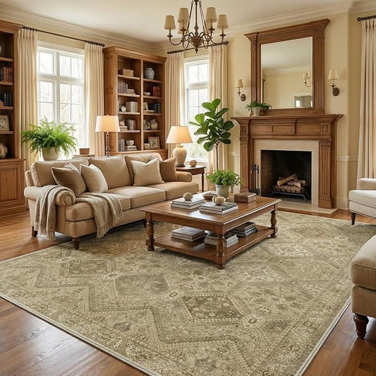 GENIMO 6x9Area Rugs for Living Room, Machine Washable Non Slip Vintage Rugs, Low Pile Lightweight Print Rug for Bedroom, Dining Room, Home Office, Tan Brown