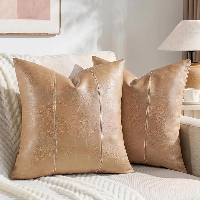Fancy Homi Tan Decorative Throw Pillow Covers 18x18 Inch for Outdoor Couch Bed, Waterproof Faux Leather Hand Stitched Beige Square Cushion Case 45x45 cm, Modern Farmhouse Boho Home Decor