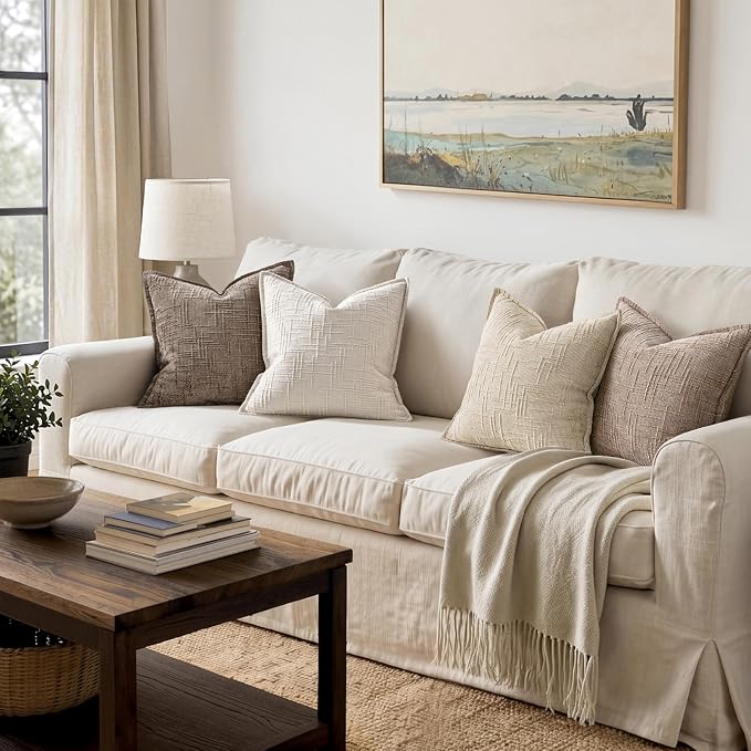 MIULEE Slubby Textured Decorative Throw Pillow Covers 18x18 Inch Set of 2 Boho Farmhouse Soft Cozy Chenille Pillows Cushion Cases Modern Neutral Home Decor for Couch Sofa Bed Living Room, Beige